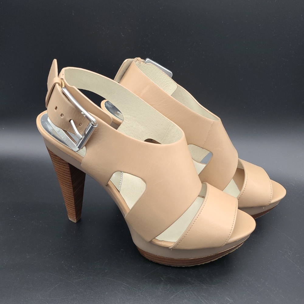 Michael Kors Nude Leather Platform Heel Slingback Sandals Size 7 M.